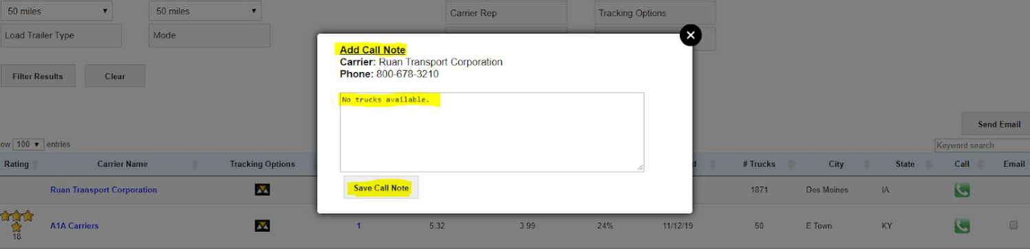 Call note window showing carrier name and phone number with a notes box and Save Call Note button.