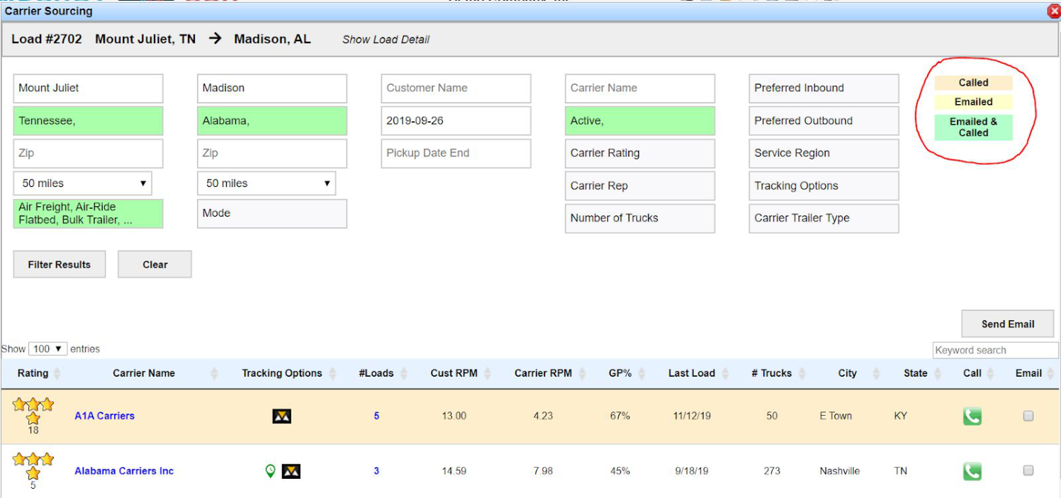Carrier Sourcing color key showing which carriers have been contacted by phone or email.