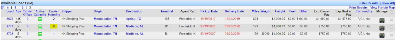 Carrier Sourcing column showing different contact counts for available loads.