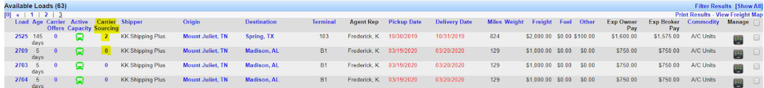 Carrier Sourcing column in the Available Loads section of the Freight Operations Dashboard.