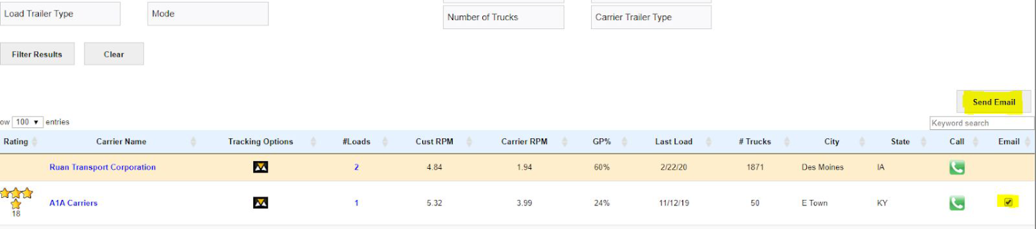 Carrier Sourcing results with Email column checkboxes and a Send Email button.