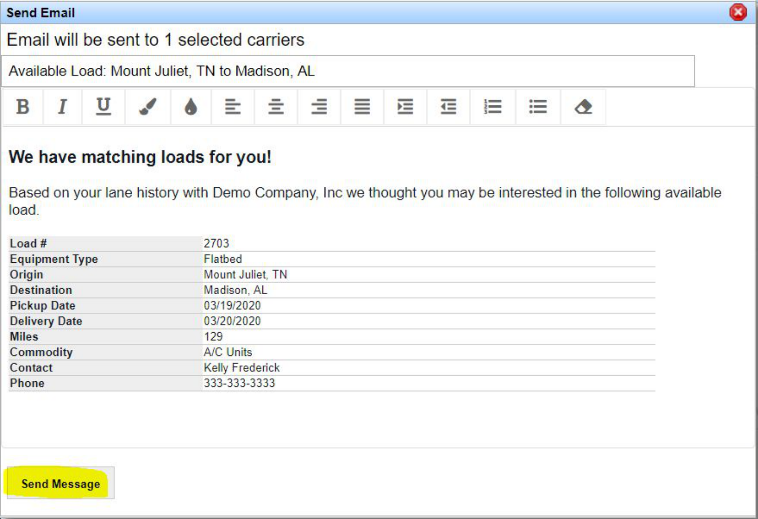 Email preview dialog with company information and a Send Message button.