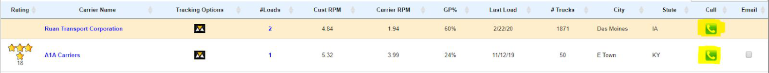 Green phone icon in the Carrier Sourcing results list used to call a carrier.