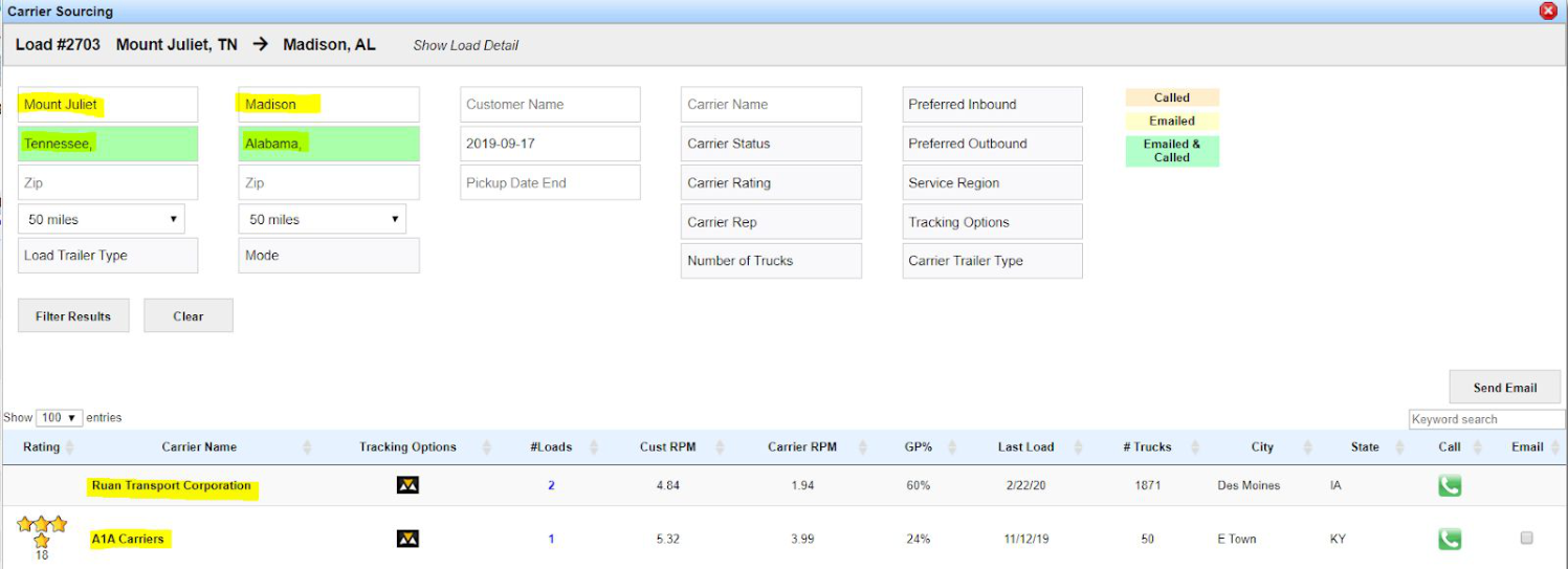 Carrier Sourcing results list with origin and destination filters and carrier lane-history details.