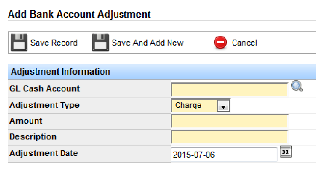 Add Bank Account Adjustment form with GL Cash Account, Adjustment Type, Amount, Description, and Adjustment Date.