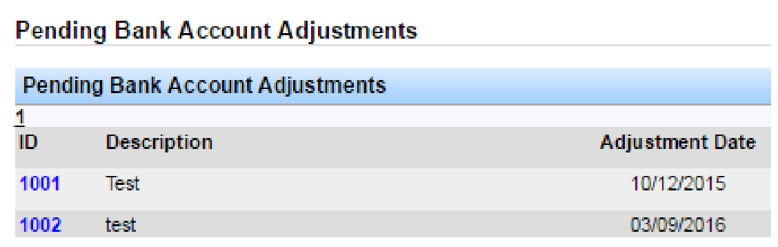 Pending Bank Account Adjustments list showing adjustment ID, description, and adjustment date.
