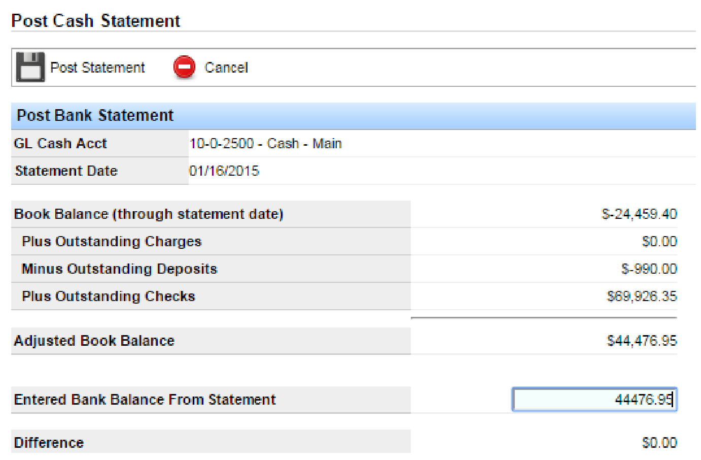 Post Cash Statement form with adjusted book balance, entered bank balance from statement, difference of zero, and Post Statement button.