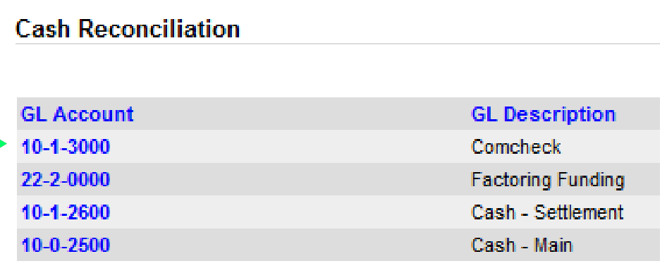Cash Reconciliation GL account list used to select a statement to post.