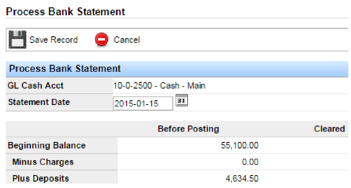 Process Bank Statement screen showing GL cash account, statement date, and beginning balance, charges, and deposits.