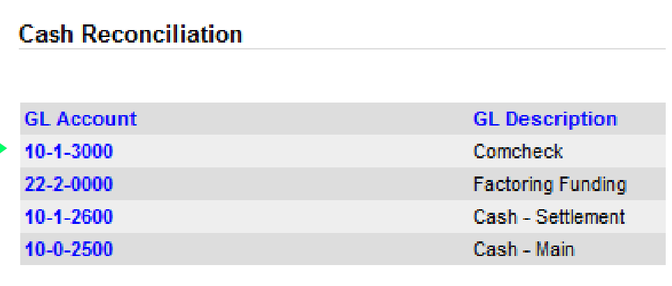 Cash Reconciliation list of GL accounts such as Cash - Main and Cash - Settlement used to open a statement to process.