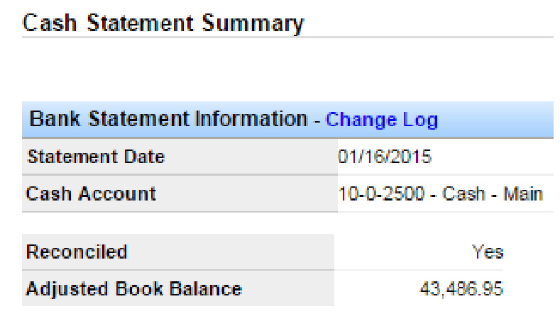 Cash Statement Summary showing statement date, cash account, reconciled Yes, and adjusted book balance.