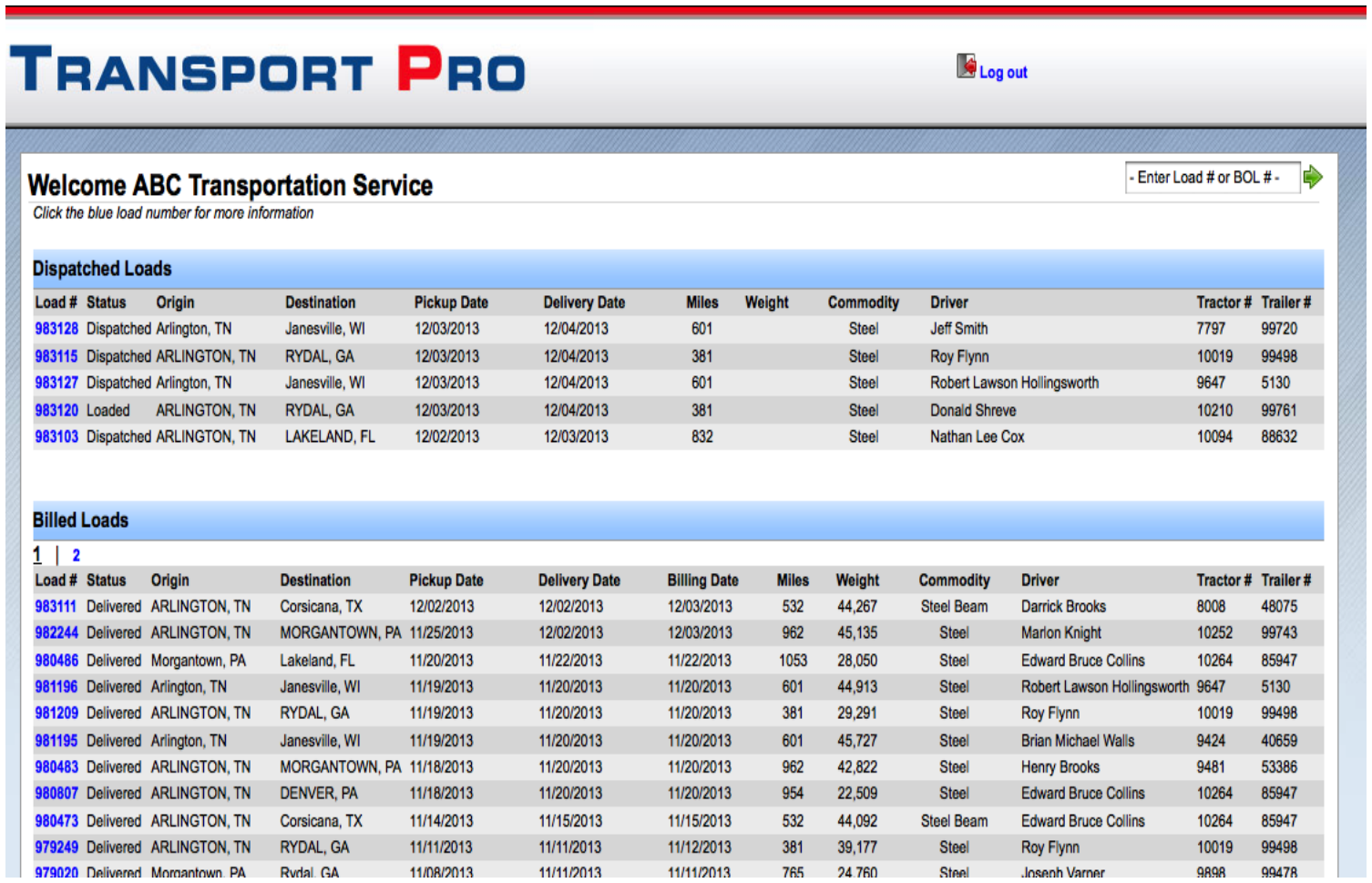 Customer portal dashboard showing Dispatched Loads and Billed Loads sections.
