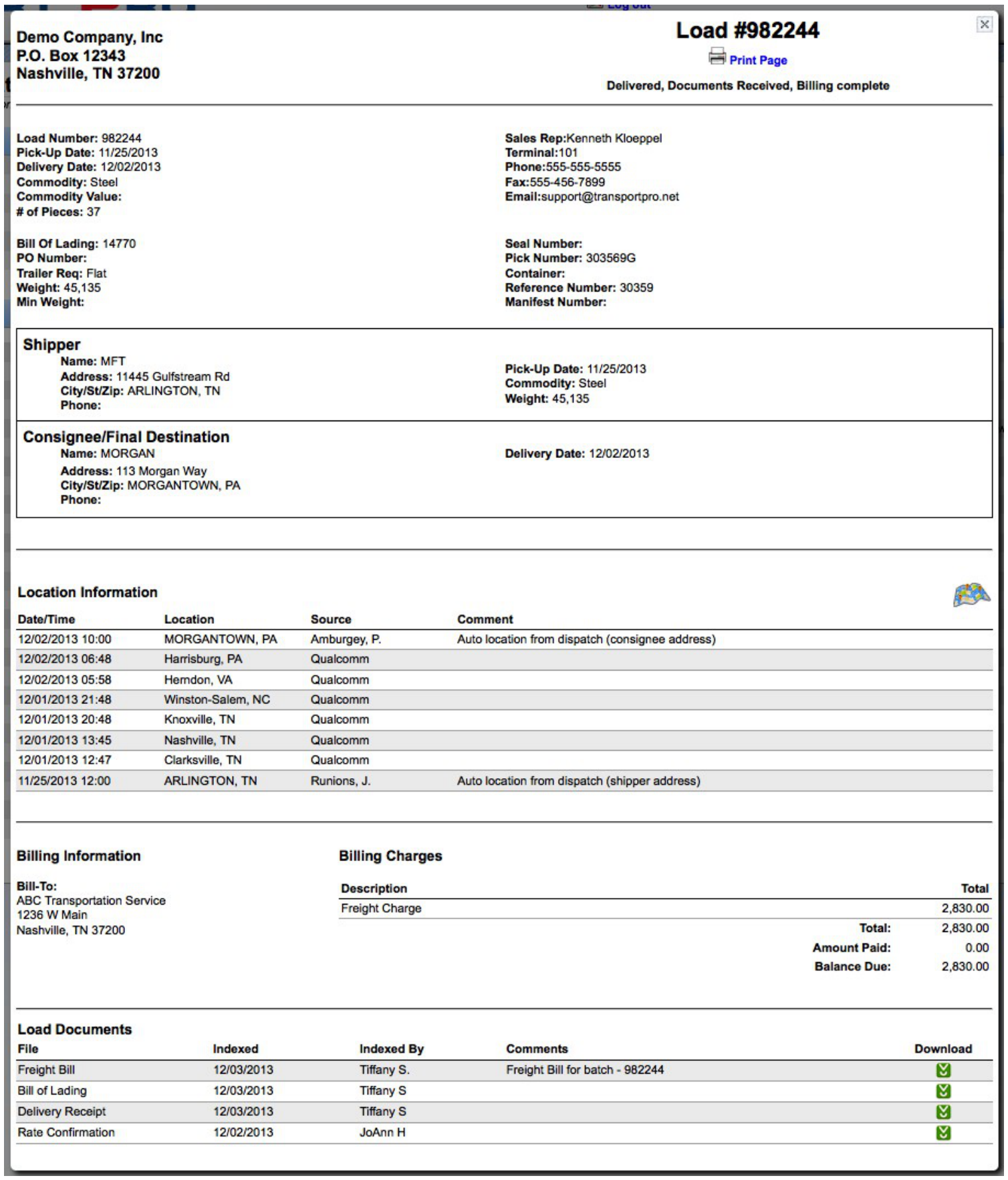 Customer portal load detail screen with tracking, billing information, and document images.