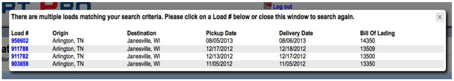 Customer portal search results listing matching loads with blue load ID links.