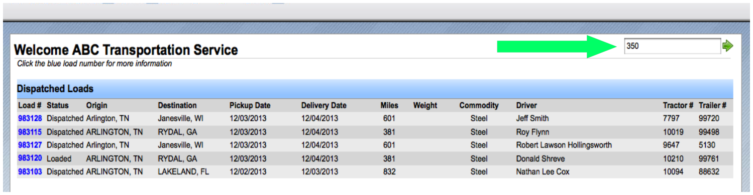 Customer portal search field for load number, BOL, or pickup number.