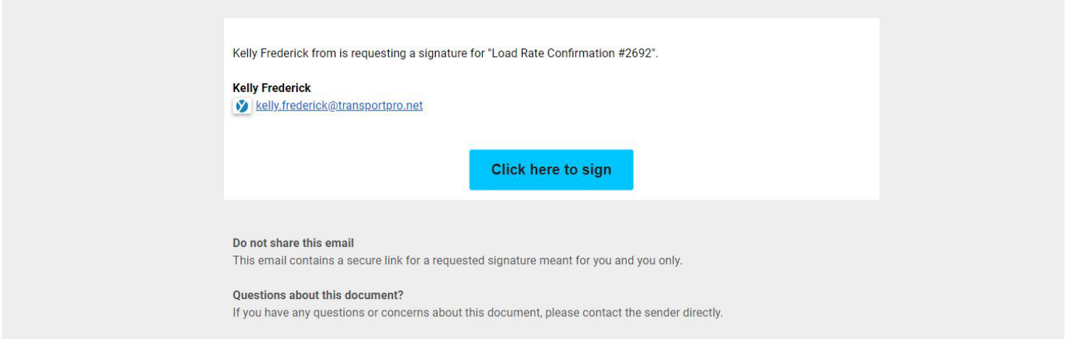 Email received by the carrier with a secure link to sign the rate confirmation.