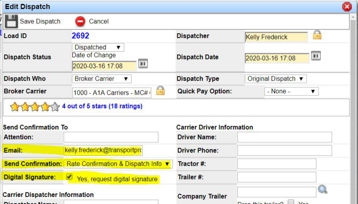 Dispatch form with confirmation type options and the Yes, request digital signature checkbox.