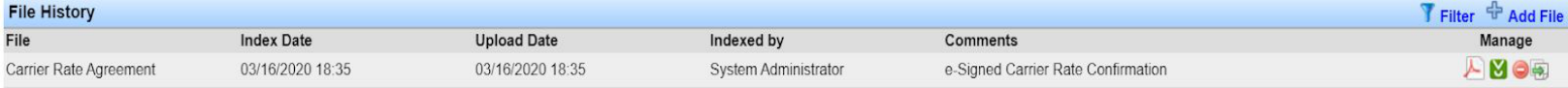 File History section on the Load Summary screen showing the eSigned rate confirmation.