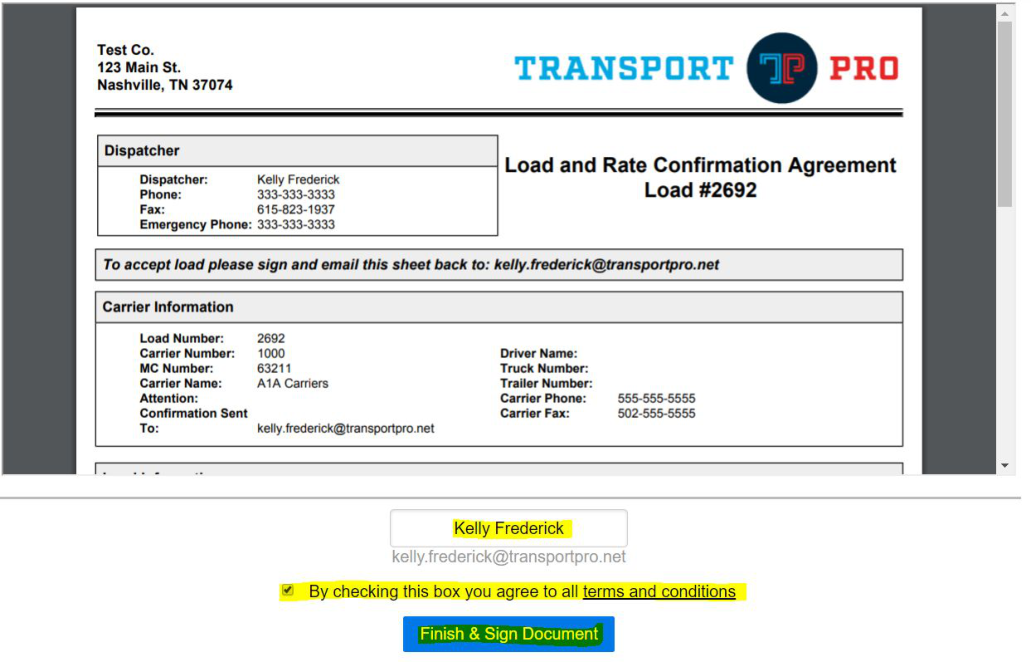 Secure eSignature site where the carrier types their name and agrees to terms to sign the document.