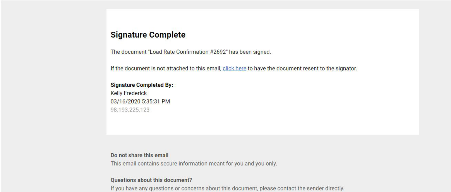 Email to the dispatcher confirming the carrier signed the rate confirmation, with signature and timestamp.