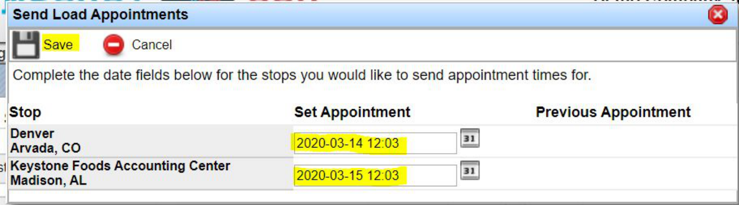 Send EDI Load Appointment window with date and time fields.