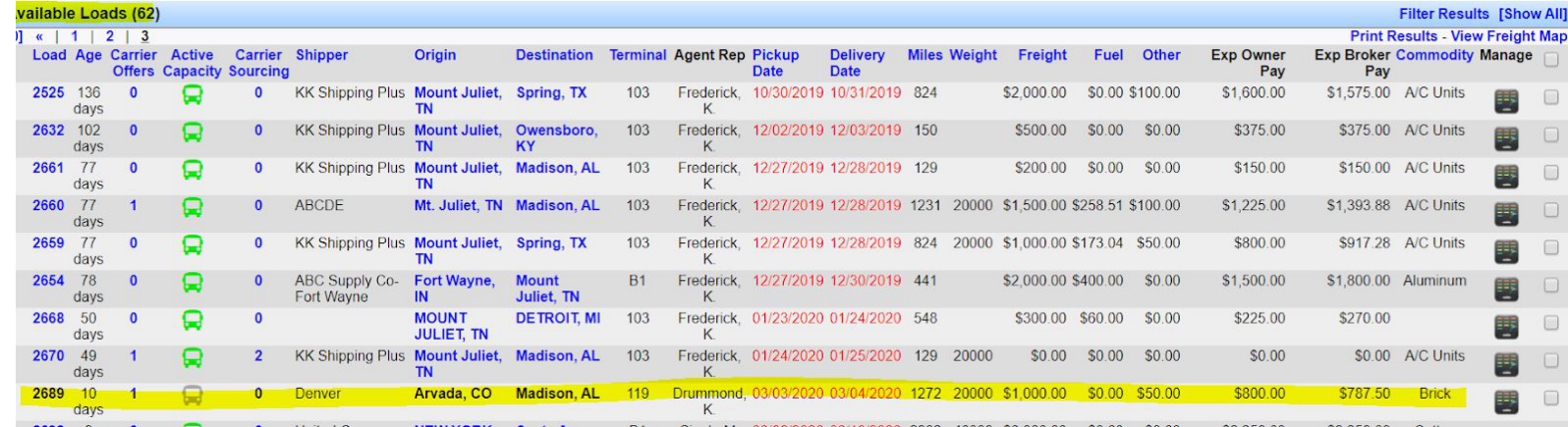 Available Loads section on the Freight Operations Dashboard after accepting an EDI tender.