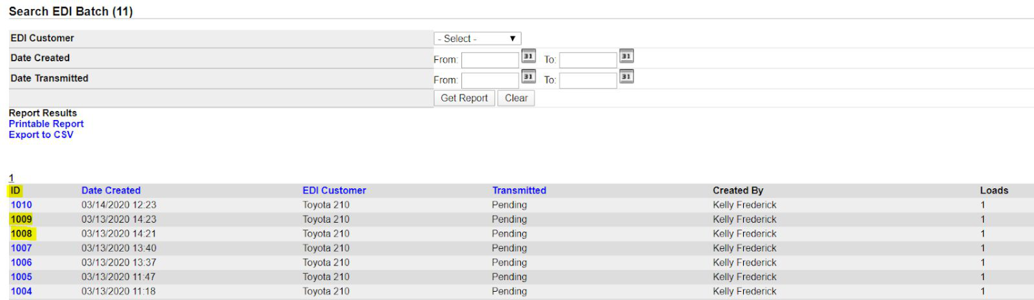 EDI Batch Queue listing file IDs ready for transmission.