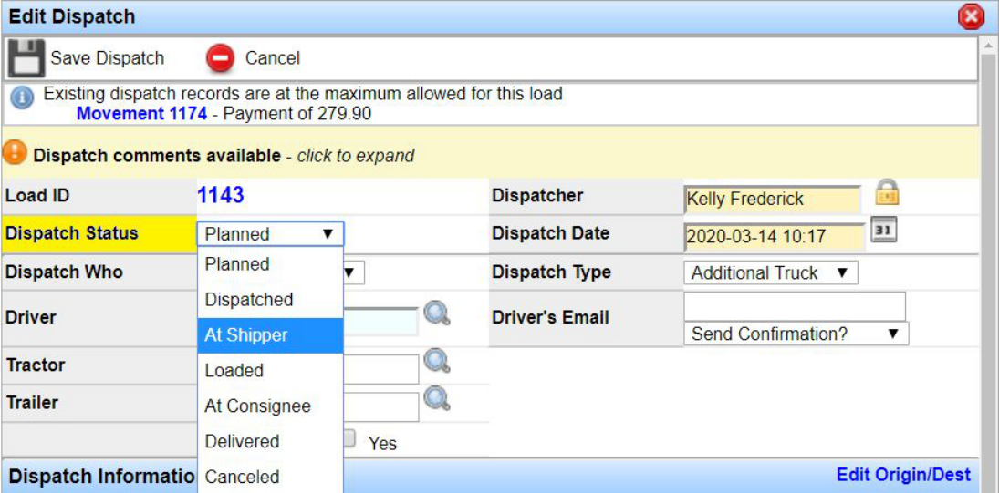 Dispatch record status drop-down used for automatic EDI 214 status updates.