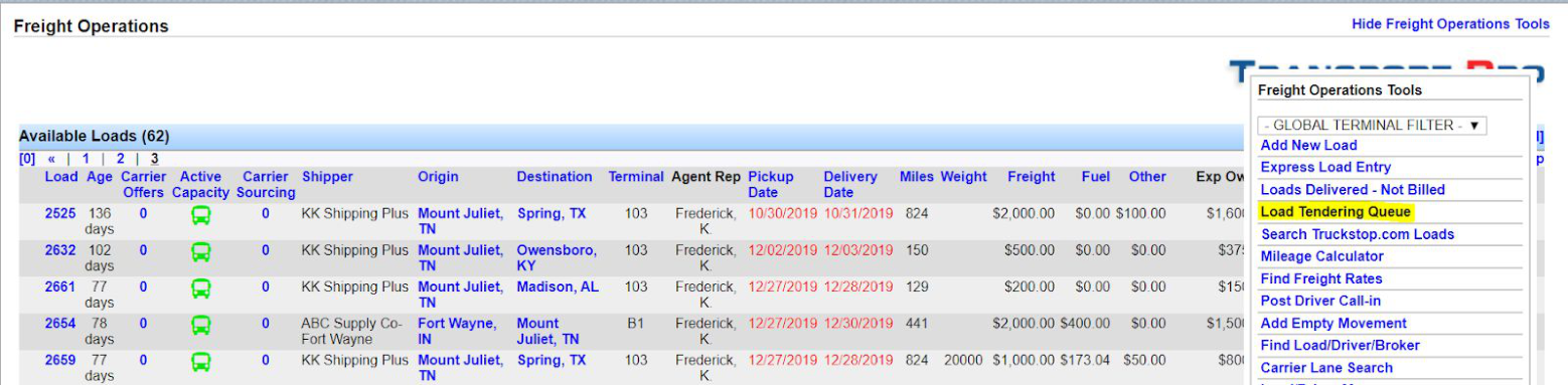 Freight Operations Tools panel showing the Load Tendering Queue link.