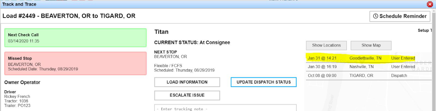 Freight Operations Dashboard showing location updates for an EDI load.