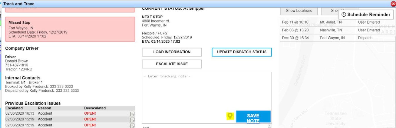 Track and Trace window with gray pinpoint for entering a manual location check call.