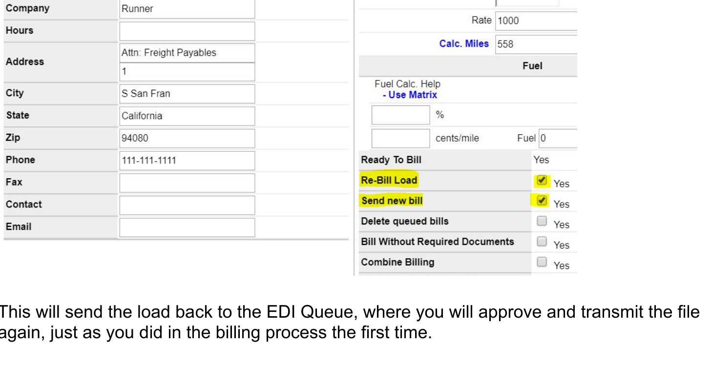 Load form with Re-Bill Load and Send New Bill checkboxes selected for an EDI re-bill.
