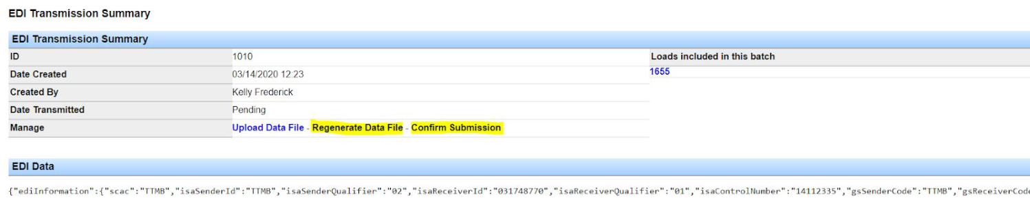 EDI Transmission Summary showing Regenerate Data File and Confirm Submission options.