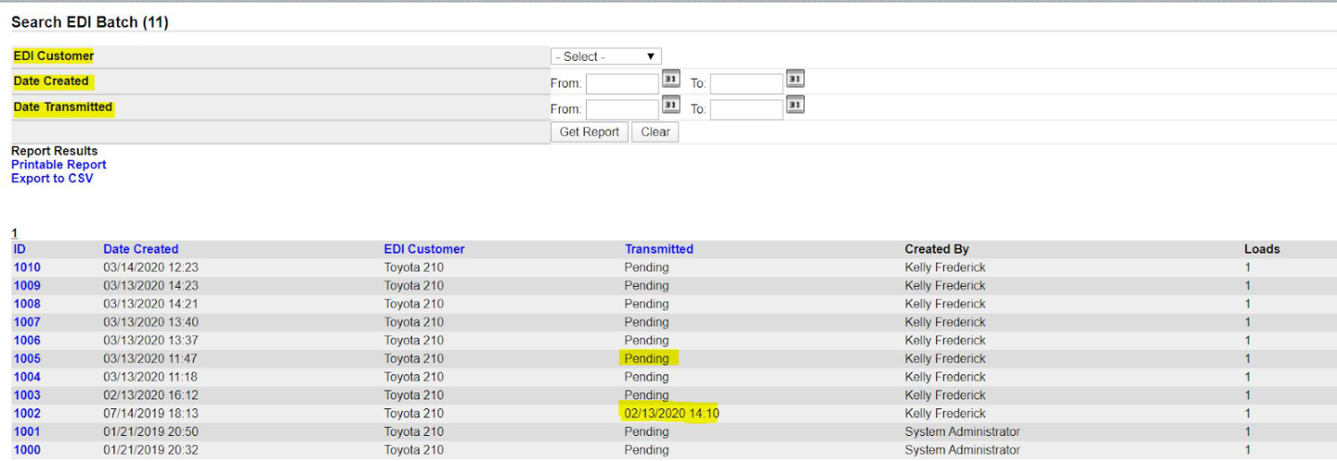 Search EDI Batch screen with filters and transmitted file timestamps.