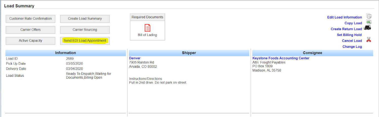 Load Summary with the Send EDI Load Appointment tab.