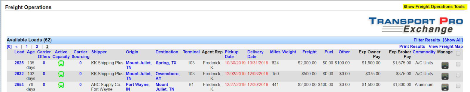 Freight Operations Dashboard with Show Freight Operations Tools link.