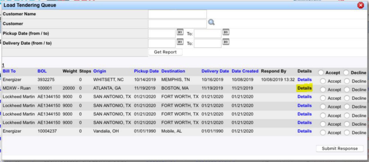 Load Tendering Queue listing tendered loads with a Details link.