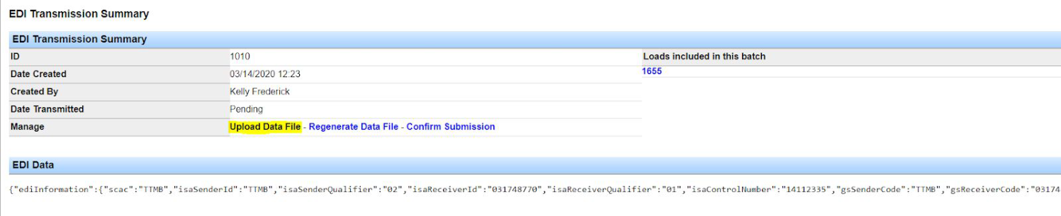 EDI Transmission Summary with Upload Data File link.