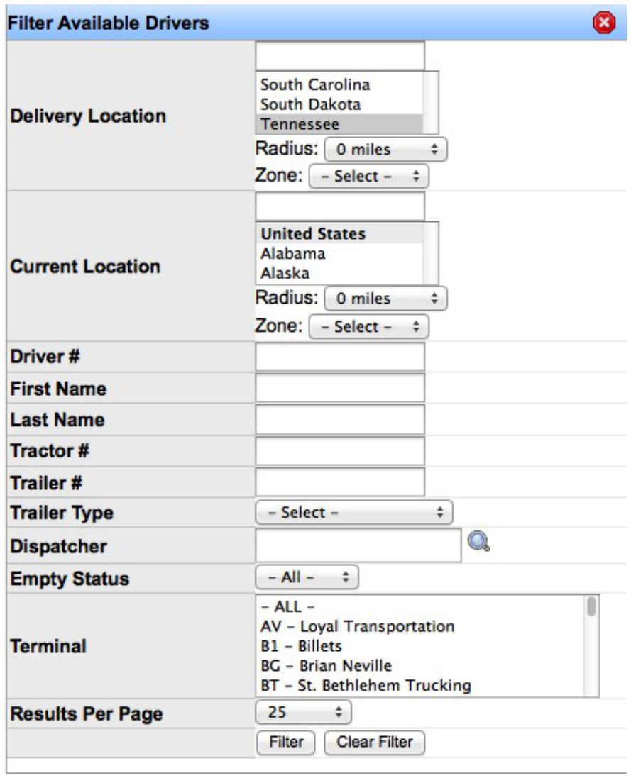 Filter Results options for Active Drivers.