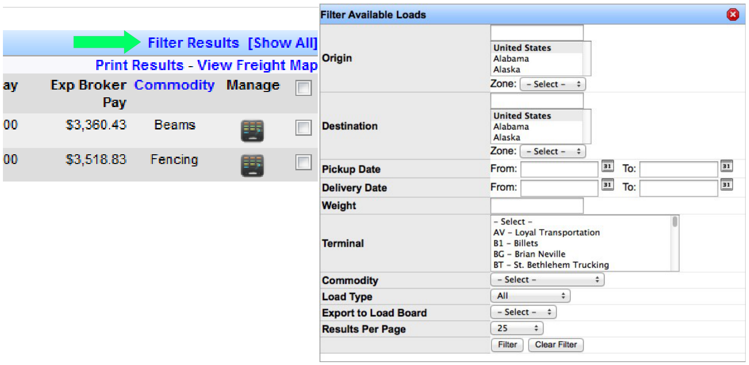 Filter Results options for Available Loads.