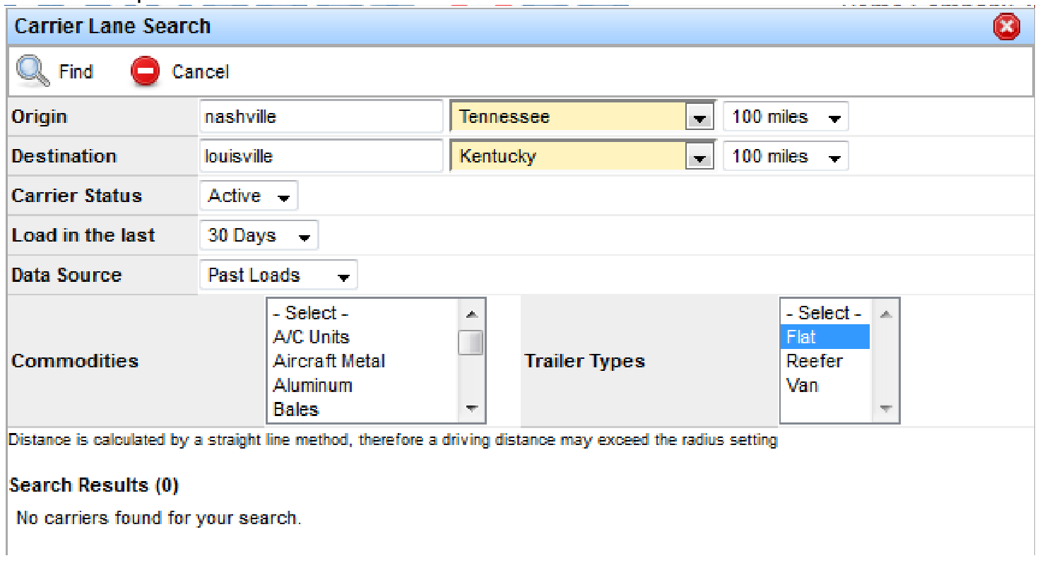 Carrier Lane Search results showing carriers for a selected lane.