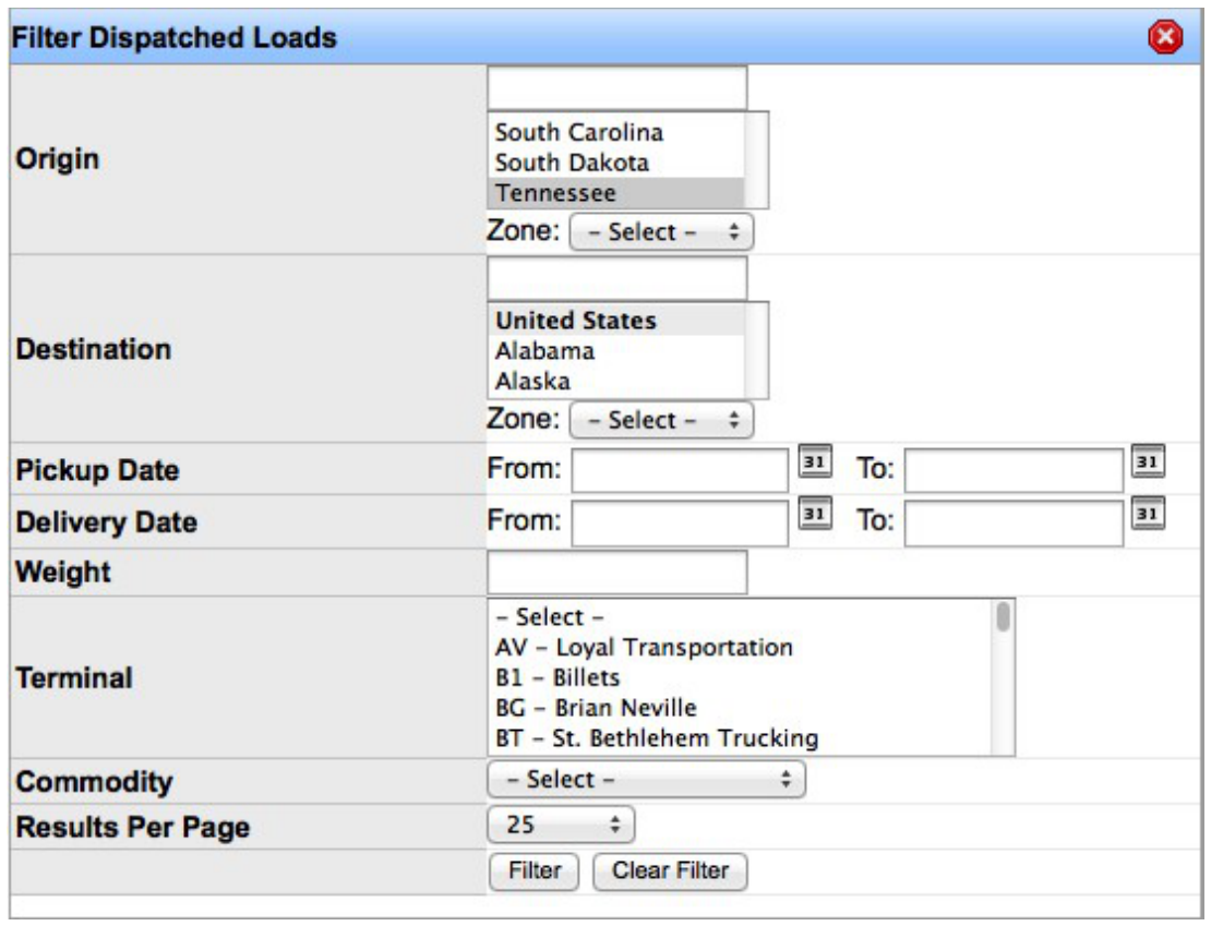 Filter Results options for Dispatched Loads.