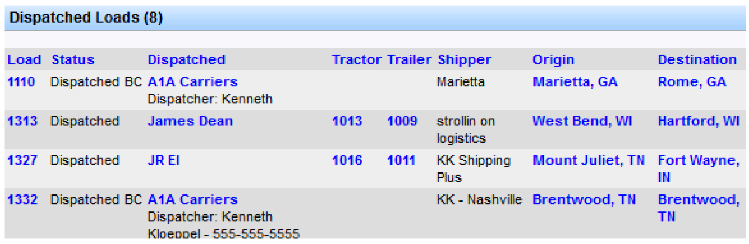Dispatched Loads section on the Freight Operations Dashboard.