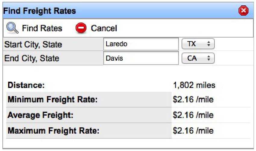 Find Freight Rates tool showing minimum, average, and maximum rates.