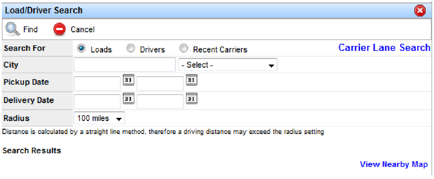Find Load/Driver/Broker search with city, state, and radius fields.