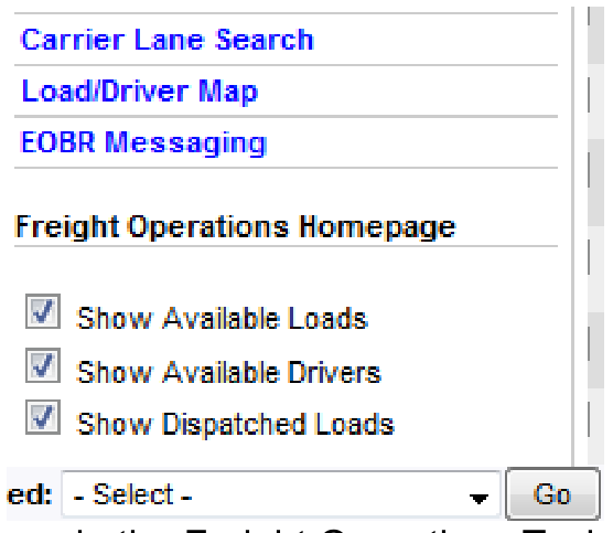 Freight Operations homepage section checkboxes controlling which dashboard panels are visible.