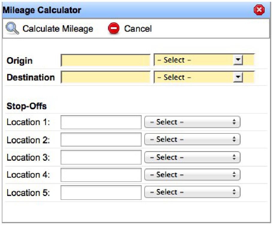 Mileage Calculator tool with origin, destination, and stop fields.