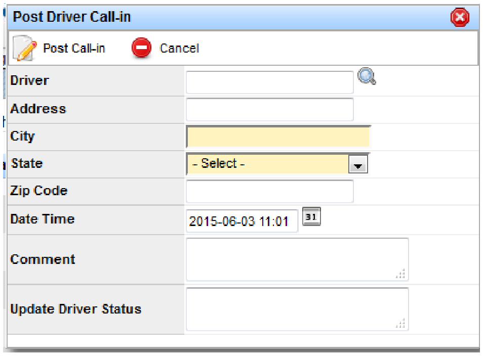 Post Driver Call-In form to update a driver's last known location.