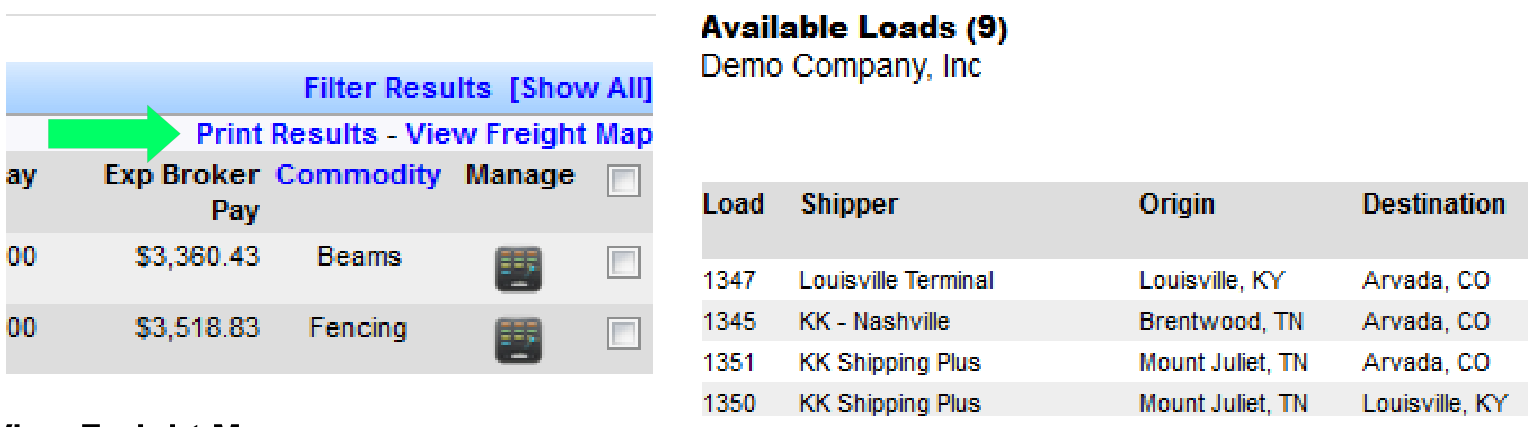 Print Results view for Available Loads.