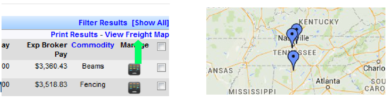 View Freight Map showing pinpoints for available loads.
